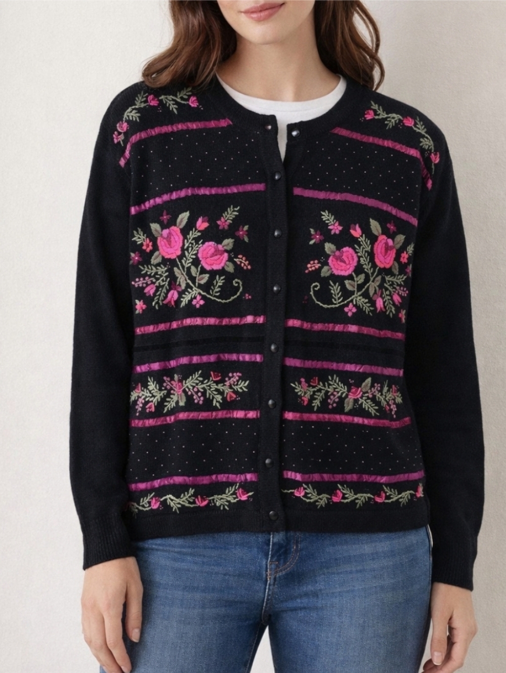 VTG 90s Cottagecore Grandma Black Pink Embroidered Floral Cardigan Sweater Small